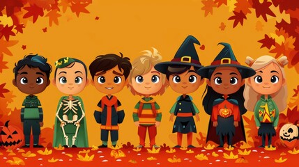 Wall Mural - Cute Cartoon Children Dressed in Halloween Costumes