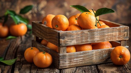 Wall Mural - Ripe tangerines stacked in wooden crate on rustic table