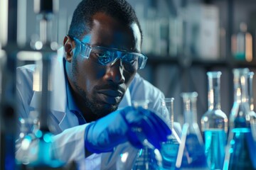 Leinwandbilder - A close-up view focusing on a scientist carefully inspecting a chemical reaction in the lab, surrounded by test tubes and scientific instruments, highlighting meticulous scientific exploration.