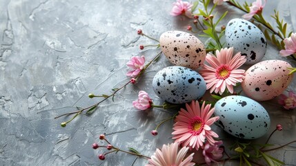 Wall Mural - Colorful easter eggs nestled among spring flowers on a gray surface