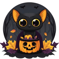 Sticker - Cute Cartoon Bat Holding Jack O'Lantern for Halloween