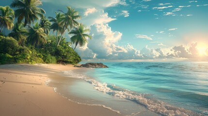 Wall Mural - Tropical beach at sunrise with calm waves and lush palm trees