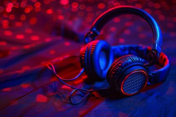 Canvas Print - Modern Headphones with Neon Blue and Red Lights in Cyber Setting Emphasizing Stylish Audio Technology