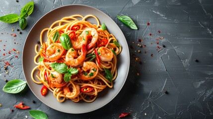 Wall Mural - Spicy seafood spaghetti with squid and shrimp served on a plate with fresh herbs