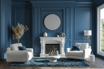 Wall Mural - Modern living room with fireplace, navy blue and white, mock up