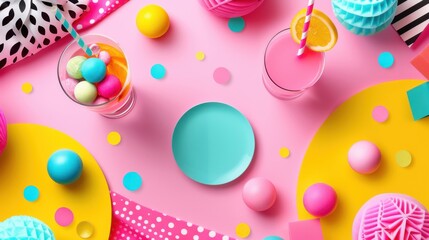 Wall Mural - A colorful table with a pink background and a plate with a blue plate on it