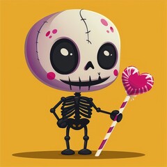 Wall Mural - Cute Cartoon Skeleton Holding a Heart-Shaped Lollipop