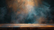 © Imane - Dark smoky background with a central spotlight on an elegant wooden desk ideal for presenting new culinary products or restaurant menus