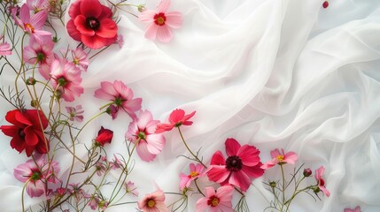 Sticker - Selective focus on red and pink flowers against white fabric backdrop with space for text