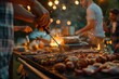 © ChaoticMind - A group of people grilling a variety of meats and vegetables on a barbecue grill outdoors, under decorative bokeh lights, enjoying a vibrant and communal evening together.