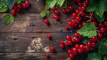 Wall Mural - Close-up of fresh red currants and green leaves on rustic wooden table