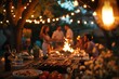 © ChaoticMind - A group of friends enjoying an outdoor barbecue party with string lights creating ambiance, showcasing grilled food and table setting, perfect for social gatherings and fun times.