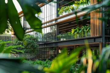 Poster - A contemporary building featuring expansive glass windows is nestled among dense greenery and trees, creating a harmonious blend of architecture and nature.