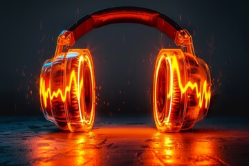 Canvas Print - Modern Black Headphones with Neon Orange Glow on Dark Background Highlighting Stylish Audio Technology