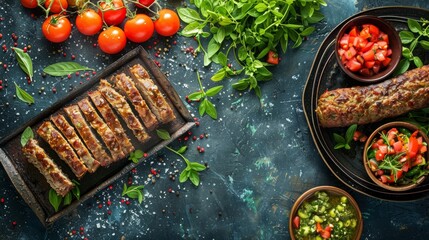 Poster - Meatloaf with fresh vegetables and tomato salsa plated on a rustic table