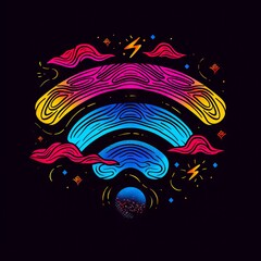 Wall Mural - A black background with a colorful illustration of a rainbow and a planet