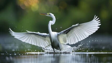 Wall Mural - Great white egret spreading wings while wading through calm water at sunrise