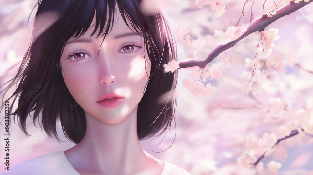 Beautiful Anime Girl with Black Hair in Cherry Blossom Garden Stock ...