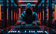 © HAMNA - Scary hacker with hooded jacket typing on keyboard hacking cyber secutiry data protection diving into obscure cybercrime anonymity world.