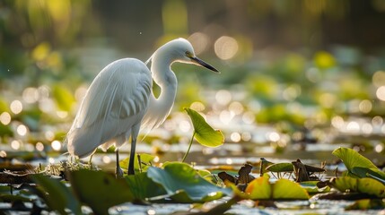 Wall Mural - Small egretta garzetta wading through lily pads in calm water during morning light