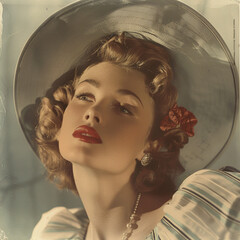 vintage woman hat red lips retro portrait classic glamour beauty fashion hairstyle makeup elegant stylish lady 1940s 