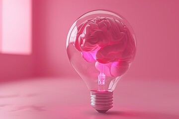 Sticker - Glass Light Bulb with Pink Brain Inside on Pink Background Highlighting Innovation and Creative Thinking