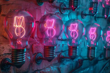 Wall Mural - neon light bulbs with wireframe design on rustic wall highlighting creativity and industrial style