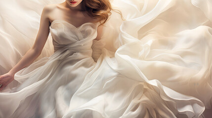 Woman in an elegant silk white beige dress made of flowing soft fabric, flying on wind. Concept of bridal fashion, ethereal luxurious elegance. Sophisticated and graceful gentle visual. Copy space