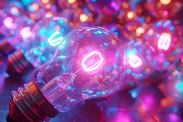 Sticker - Close Up of Neon Light Bulb with Bokeh Background Emphasizing Creativity and Focused Thinking