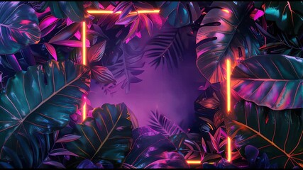 Wall Mural - dynamically drawn neon frame between palm trees.