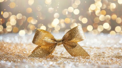 Poster - Decorative Christmas bow with gold sparkles on light background