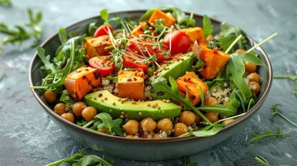 Wall Mural - Vegan salad with roasted sweet potatoes, quinoa, avocado, and fresh vegetables