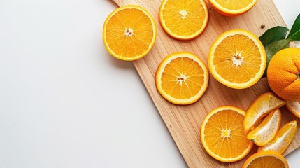 Poster - Fresh orange slices on wooden chopping board with empty space white background