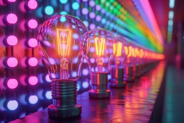 Wall Mural - array of neon light bulbs in gradient setting emphasizing creative thinking and vibrant design