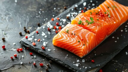 Wall Mural - Raw red salmon fillet seasoned with spices on slate platter