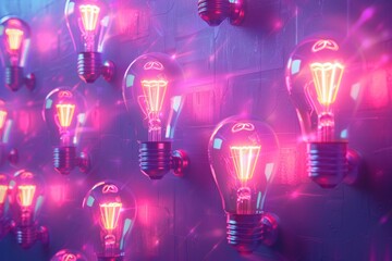 Sticker - Neon Light Bulbs in Colorful Array Highlighting Creative Thinking and Modern Design