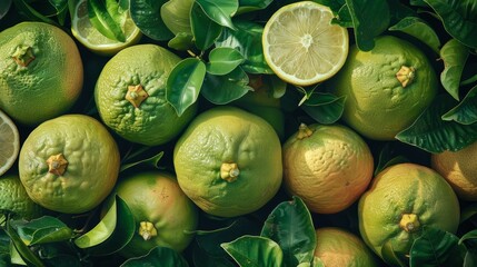 Wall Mural - Fresh pomelo fruits surrounded by green leaves in a vibrant arrangement