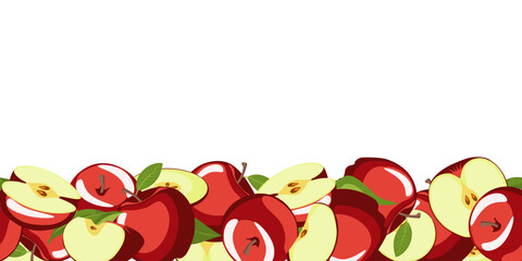 Wall Mural - apple seamless border. The painted sweet, juicy apples are arranged in a horizontal line. vector illustration of whole red fruits and pieces in cartoon style. isolated on white