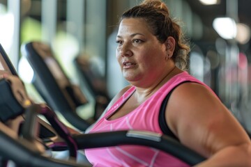 Overweight woman exercising in gym treadmill