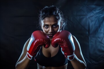 Indian female boxer portrait in studio for fitness training.