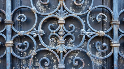 Macro shot of a wrought-iron gate with ornate designs.