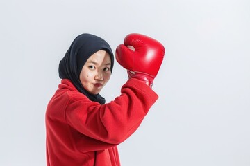 Wall Mural - Empowered Asian Muslim woman boxing on white background.