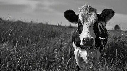 Wall Mural - Cow with black and white markings in the field