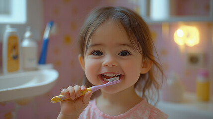 a happy little girl brushes her teeth