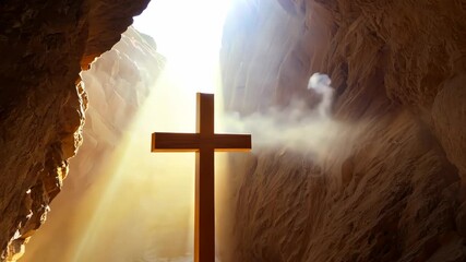 Wall Mural - Wooden cross illuminated by sunlight in rocky