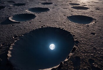 Wall Mural - the surface of an icy moon with deep craters filled with reflective ice, casting long shadows and gl