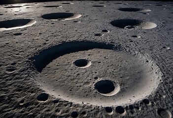 Wall Mural - the surface of an icy moon with deep craters filled with reflective ice, casting long shadows and gl