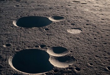 Wall Mural - the surface of an icy moon with deep craters filled with reflective ice, casting long shadows and gl