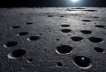 Wall Mural - the surface of an icy moon with deep craters filled with reflective ice, casting long shadows and gl