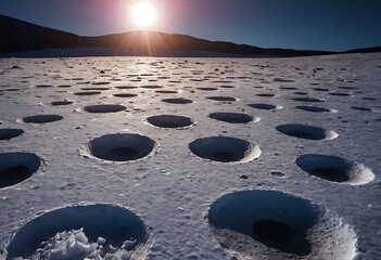 Wall Mural - the surface of an icy moon with deep craters filled with reflective ice, casting long shadows and gl